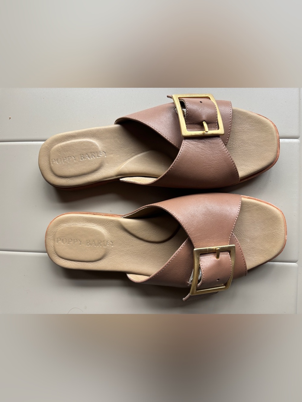 Poppy Barley Oasis Slide - Tan and Gold Buckle Sandals, 6